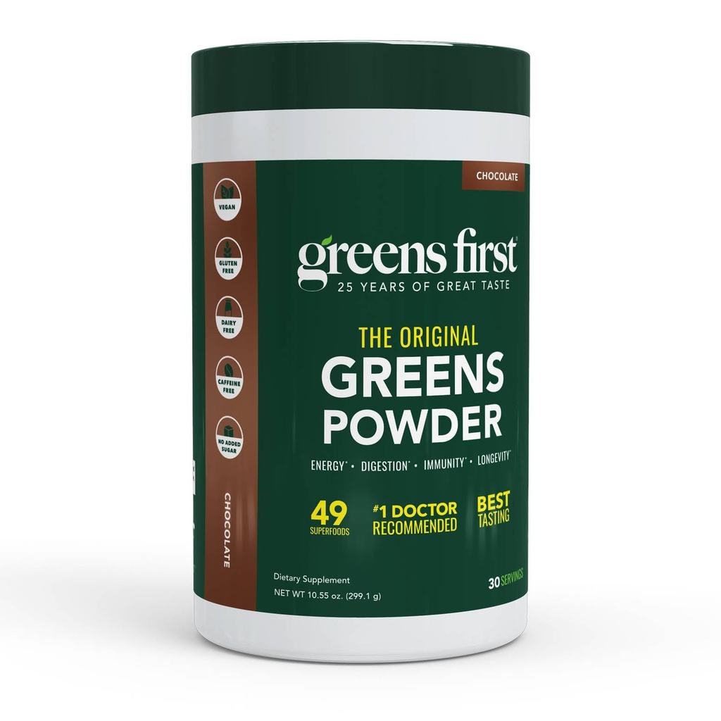 Zielone pierwsze Original Greens Powder - 49 Superfoods - Organiczne owoce i warzywa - Prebiotyki, Probiotyki i Enzymy trawienne - Przeciwutleniacze Smoothie - Wolne od mleka, Wegan, Non-GMO (Czekolada, 30 Servings)