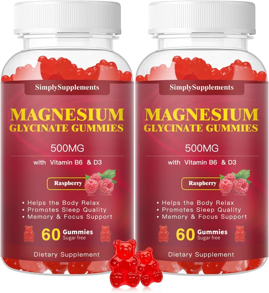 Glucynian magnezu Gummies 500mg, Gummy magnezowe do żucia z witaminą D3, B6, CoQ10 do relaksacji, Sleep & Mood Support, Gummy magnezowe spokojnie - 60 Gummies malinowe