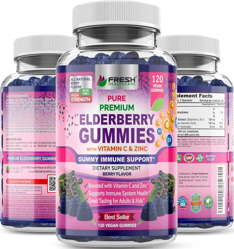 ŚWIEŻE Gummeje z jagodami Elderberry z witaminą C, cynkiem i Sambucus Elderberry 30: 1 Ekstrakt - 100% Wegan - Wsparcie immunologiczne dla dorosłych i dzieci - 120 Count Gumy Suplement