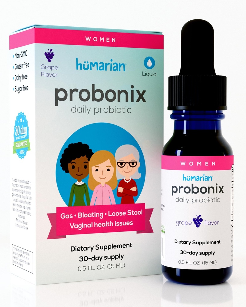 Probonix Humarian Liquid Probiotics for Women - 12- Strein Probiotic Drops to Fortify Women 's Gut Health, Vaginal Health, Immunity and Overall Wellness - 30- Day Supply - Delicious Grape Flavor