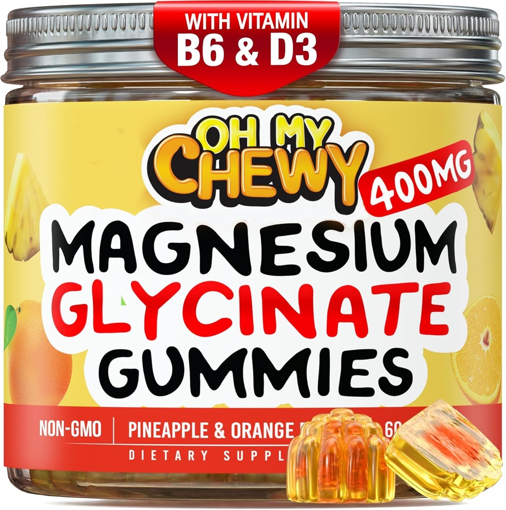 Center- Filled Glucinate Magnezu Gummies 400MG - Wysoka absorpcja dla dzieci, młodzieży i dorosłych - Suplement do snu, spokoju i relaksu mięśni z B6 & D3 - Gluten Free & Vegan Friendly - 120 Count