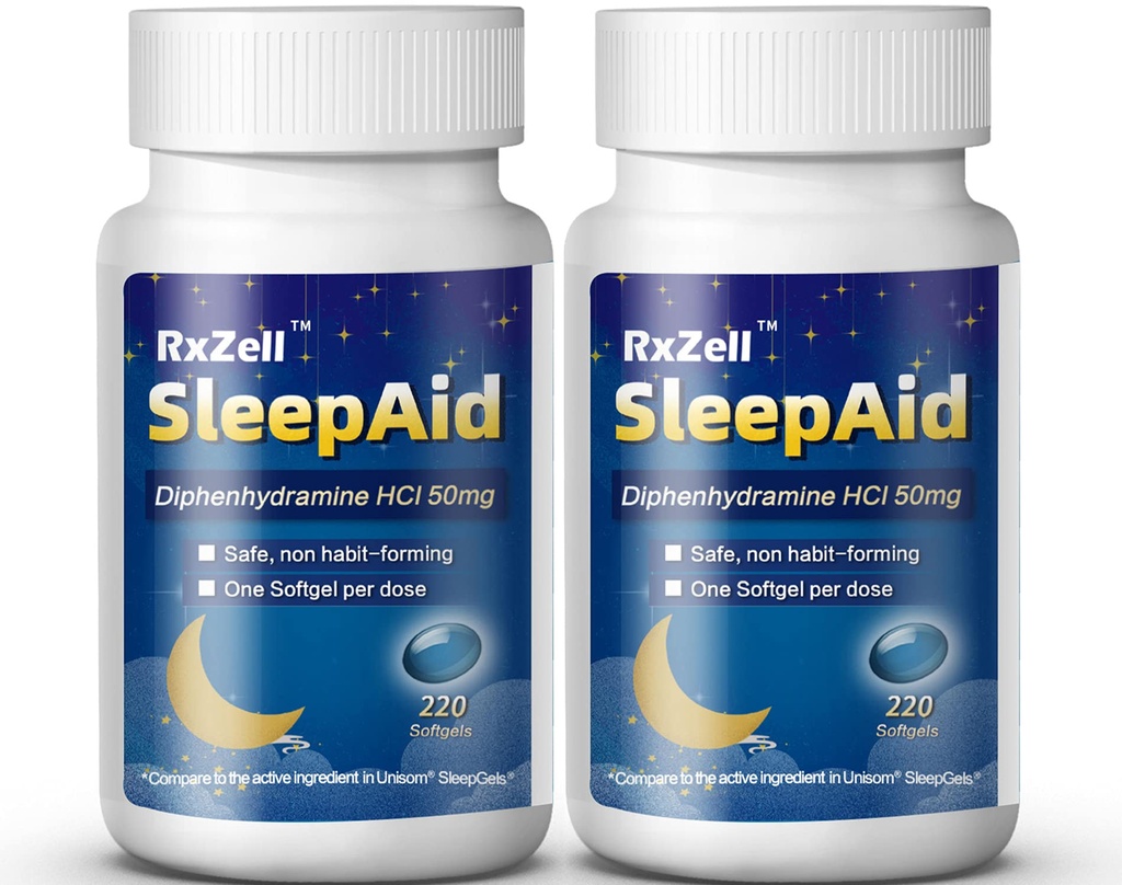 Pomoc na sen, Difenhydramina Softgels 50mg, Easy- to- Połknięcie, Wspiera głębszy Resteful Sleeping, Non Habit- Forming (220 Liczy 124; Opakowanie po 2)
