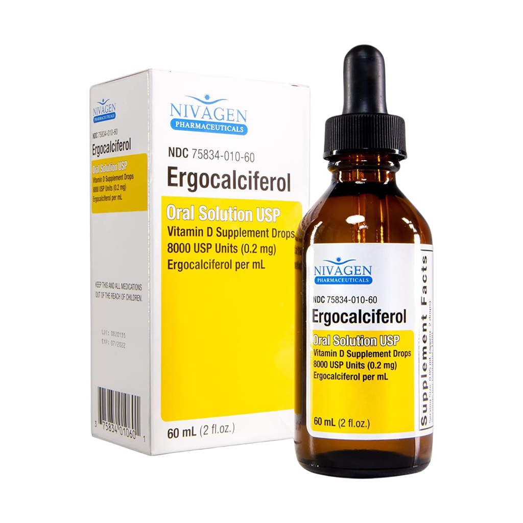 Nivagen Witamina D2 płynne krople 8000 USP (Ergokalcyferol) 124; 400 j.m. na serwowanie 124; 2 Krople raz dziennie 124; 1200 Słupy, 60ml (2 fl. oz) 124; Szybsze wchłanianie 124; Kości, Mięśnie i Wsparcie immunologiczne 124; Made in USA