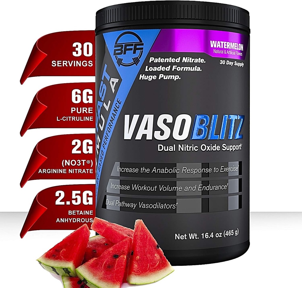 VASOBLITZ Award Winning Dual Nitric Oxide pre Workout z NO3T Azotan argininy, L- Citrulline, Betaine Bezwodny, Wapnia Lactate, Kofeina Free for Muscular Endurance (30 Serving) (Arbuz)