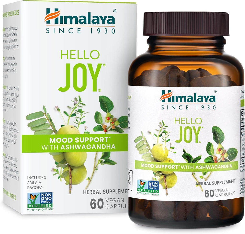 Himalaya Hello Joy Herbal Supplement, z Ashwagandha, Amla, Bacopa, Święty Basil / Tulsi, Pozytywny Outlook, Wsparcie Motywacja, Stress Relief, Balanced Cortisol, Non-GMO, Wegan, 60 Kapsułki