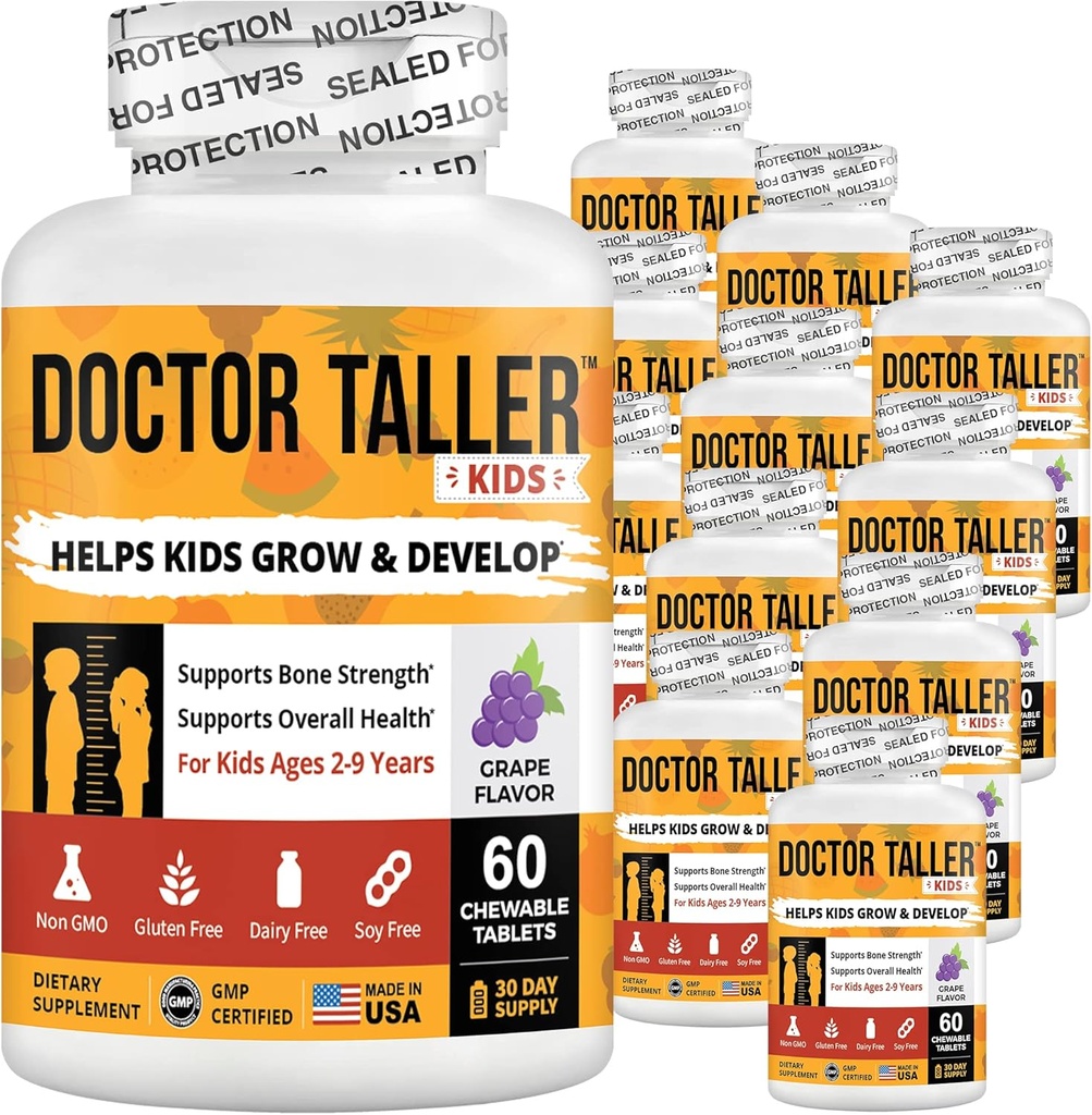 NuBest Doctor Taller Dzieci z multivitamin, Multimineral, Wapnia Chewable Tablets, suplement wapnia dla dzieci w wieku od 2 do 9 lat - Smak winogronowy - Pomaga dzieciom zdrowo - 12 Pack