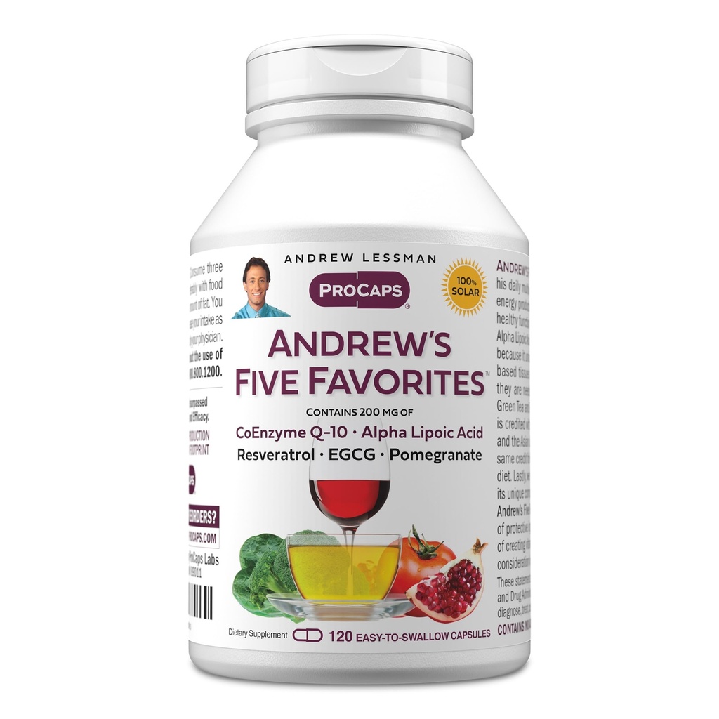 ANDREW LESSMAN 's Five Favorites Andrew' s 120 kapsułki - Zapewnia 200mg każdego koenzymu Q- 10, Resveratrol, EGCG, Pomegranat i kwas lipoinowy alfa, Potężne wsparcie przeciwutleniające, Brak dodatków