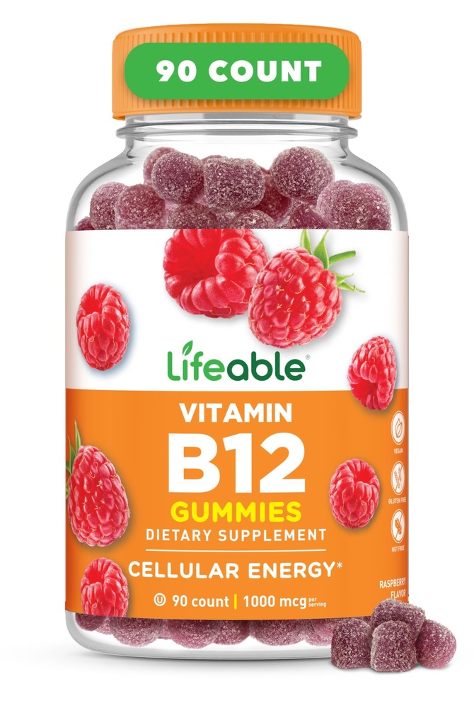 Żywa witamina B12 Gummie dla dorosłych 124; 1000 μg 124; Great Tasting B12 Witaminy 124; Non- GMO, Wegan B12 Gummea 124; dla energii i wsparcia metabolizmu 124; 90 Gummeje
