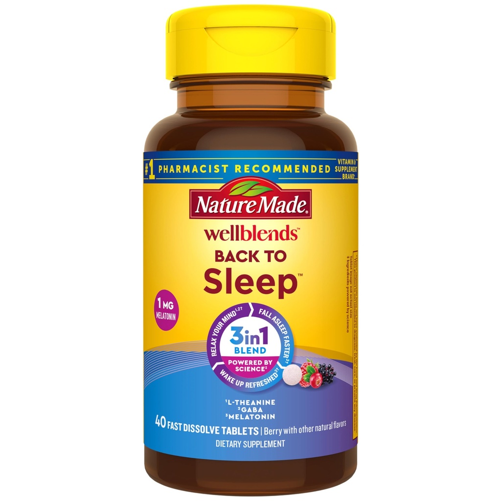 Nature Made Wellblends Powrót do snu, Mniejsza dawka Melatonina 1 mg, L teanina 100 mg i GABA 100 mg, Suplement do snu, 40 Szybko rozpuszczalne tabletki