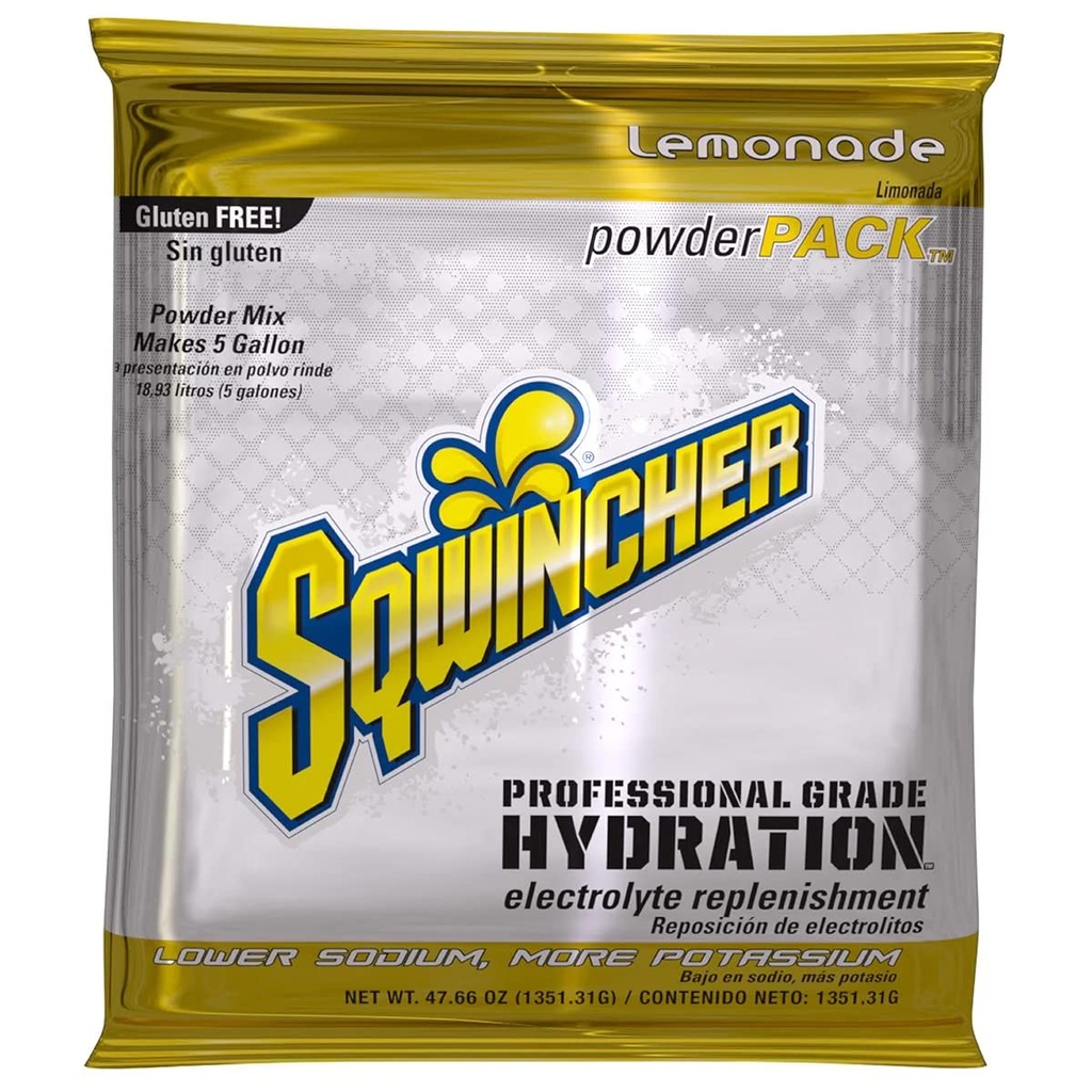 Sqwincher Powder Pack: 124; Lemonade Flavored: 124; Niskie Calorie: 124; Niskie stężenie sodu: 124; Napoje nawadniające elektrolity: 124; Wystarczy dodać do 5 Galonów wody: 124; 47,66 oz (opakowanie po 16)