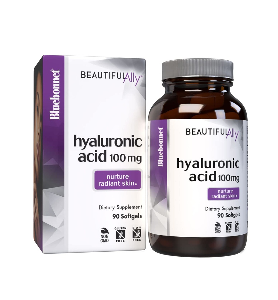 Bluebonnet Nutrition Beautiful Ally Hialuronic Acid 100mg, Nurture Radiant Skin *, Non-GMO, Gluten- Free, Soy- Free, 90 Softgels, 90 Służenie