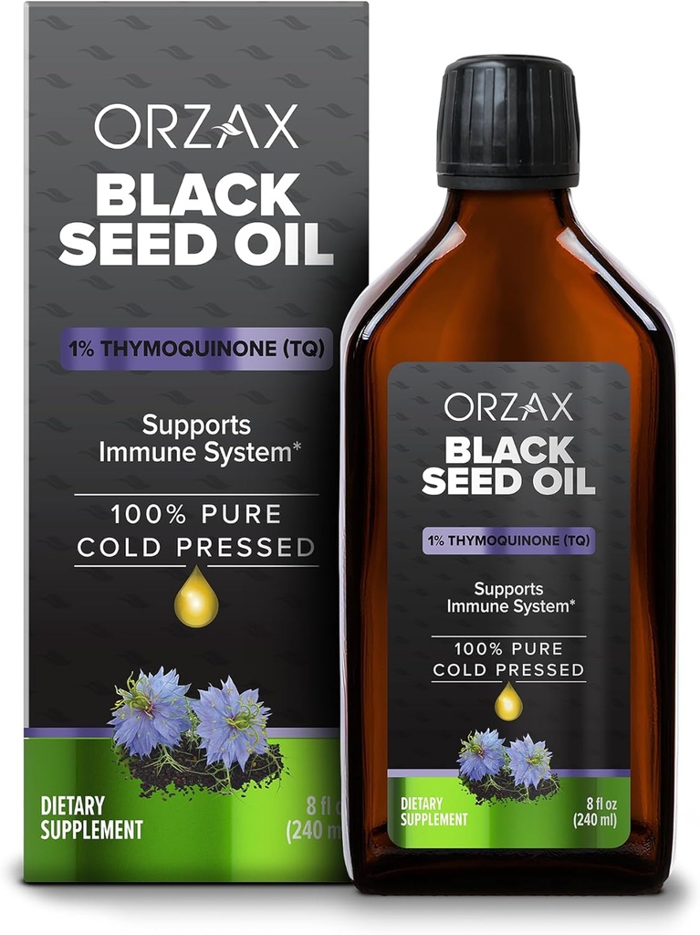 ORZAX Black Seed Oil Liquid (8 fl oz) - Cold Pressed 100% Pure Pleasure 124; Vegan, Gluten Free, Non-GMO Equipment 124; 5000mg Black Cunin (Nigella Sativa) Oil with 50mg Thymoquinone Permanent 124; Rich in Omega 3- 6- 9 Permanent 124; Glass Bottle