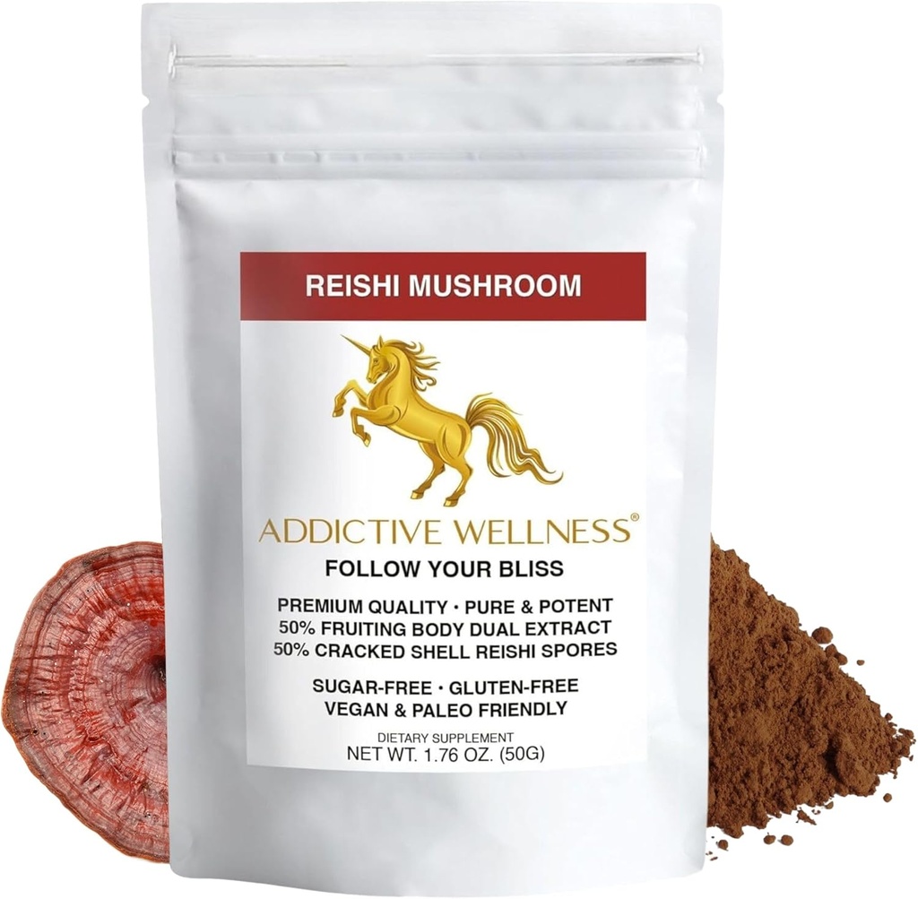 Addictive Wellness Reishi Mushroom Extract Powder + Spores (50 / 50 Mieszanka) Drewno uprawiane Czysty & Pothent Wildcrafted Ganoderma 50g (1.76 oz)
