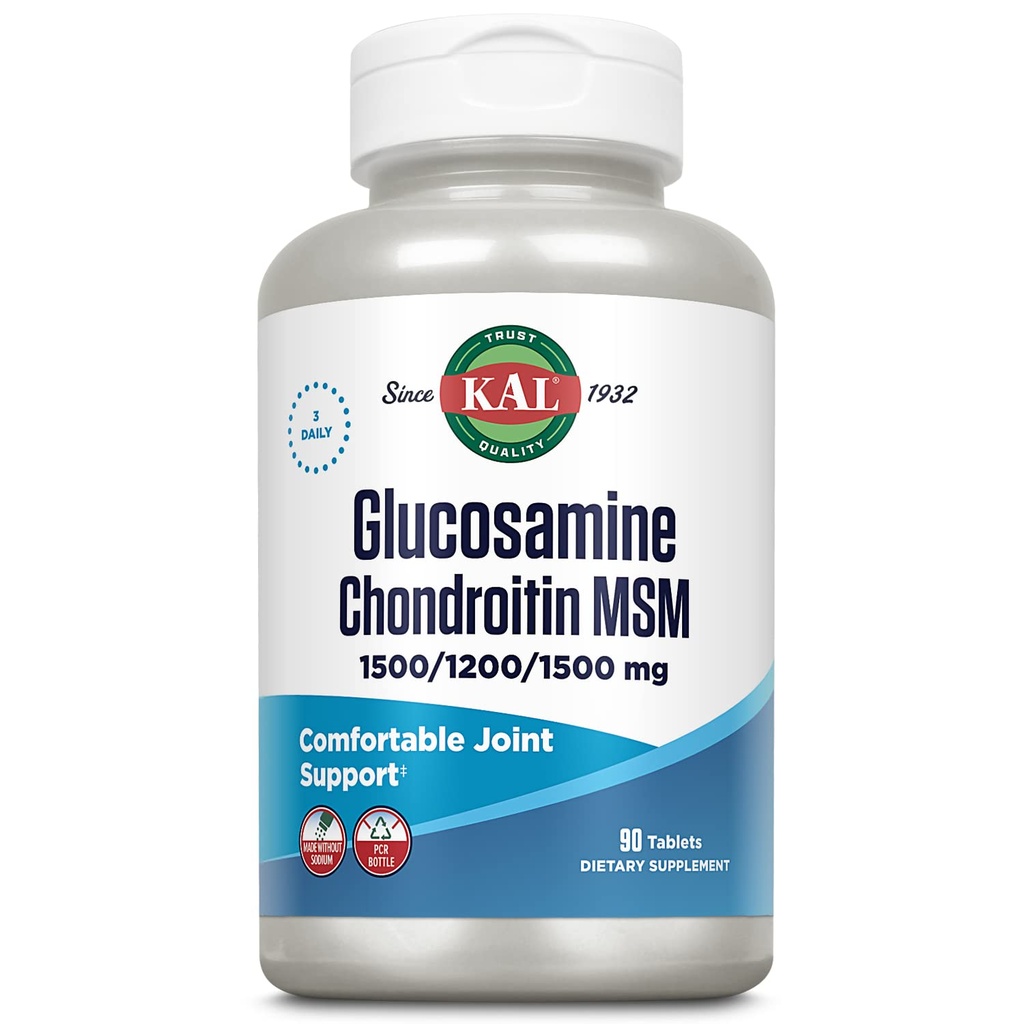 KAL Glukozamina Chondroitin MSM, Suplement Joint Support for Women and Men, 1500mg Glukozamina Siarczan, 1200mg Chondroitin, 1500mg MSM, Szybka rozpad, 60- dniowa gwarancja, 30 Służenie, 90 Tabletki