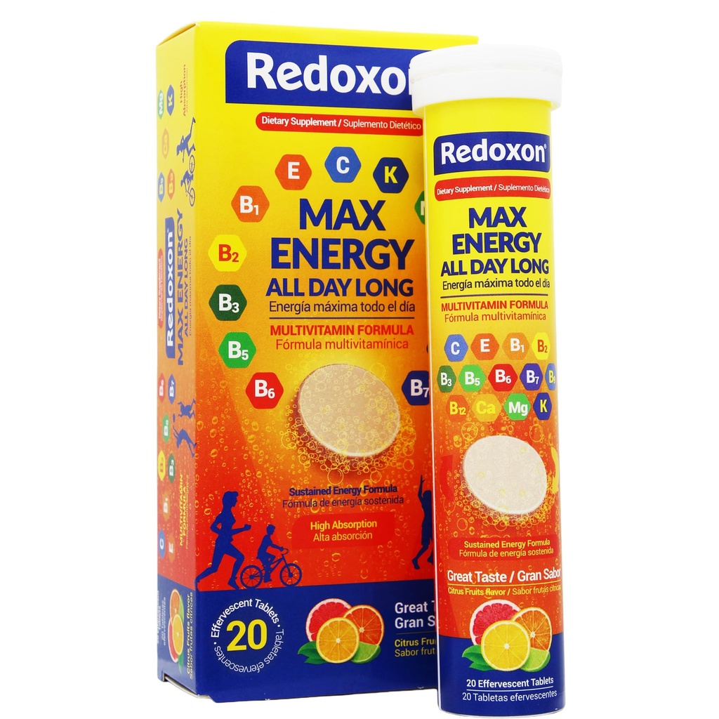Redoxon Max Energy, Pomaga w obsłudze systemu Inmune, Citrus Flavor, 20 tabletek musujących, 2.82 Oz, Box