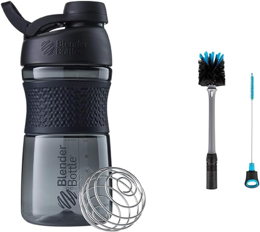 Butelka BlenderBottle SportMixer Shaker Butelka Perfect for Protein Shakes and Pre Workout, 20- Ounce, Black & 2- in-1 Butelka Shaker i Szczotka do czyszczenia słomy, 1 Pack, Gray