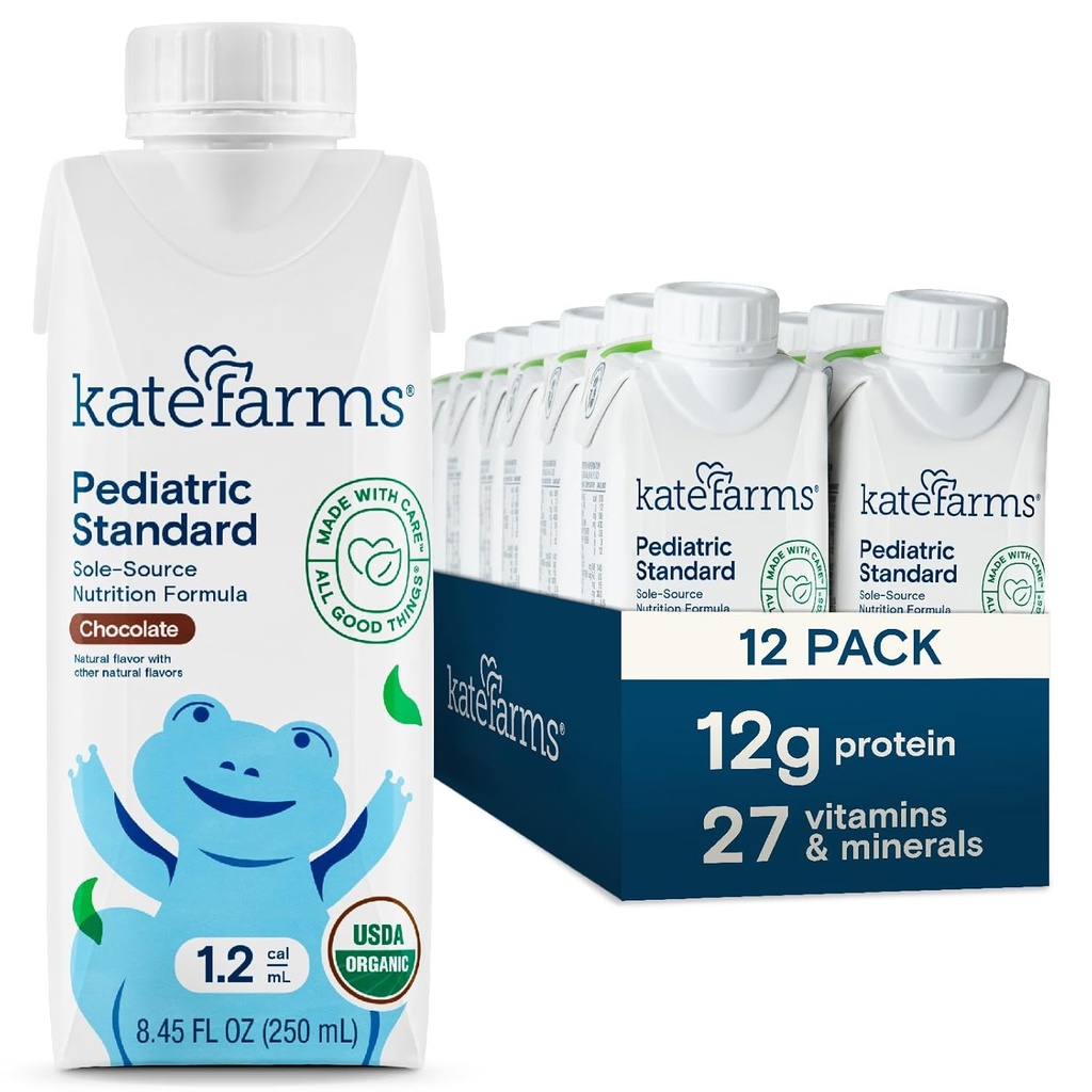 KATE FARMS Organic Pediatric 1.2 Wysokie Calorie Chocolate Nutrition Shake, 12g Protein, 27 Witamin i minerałów, Meal Replacement, 8.45 oz (12 opakowań)
