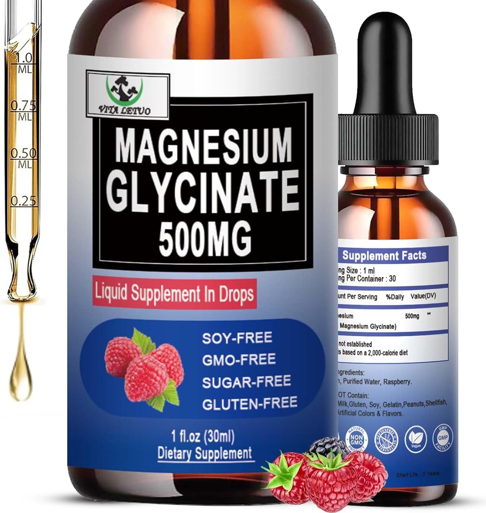 Magnezu Glicynian 500mg, Płynny Magnezu Glicynian Krople 6X Wysoka absorpcja dla kości, Sleep, Kurcze nóg i immunologiczne Wsparcie, Wegan, Non-GMO, Gluten- Bezglutenowy 124; 30 Służenie