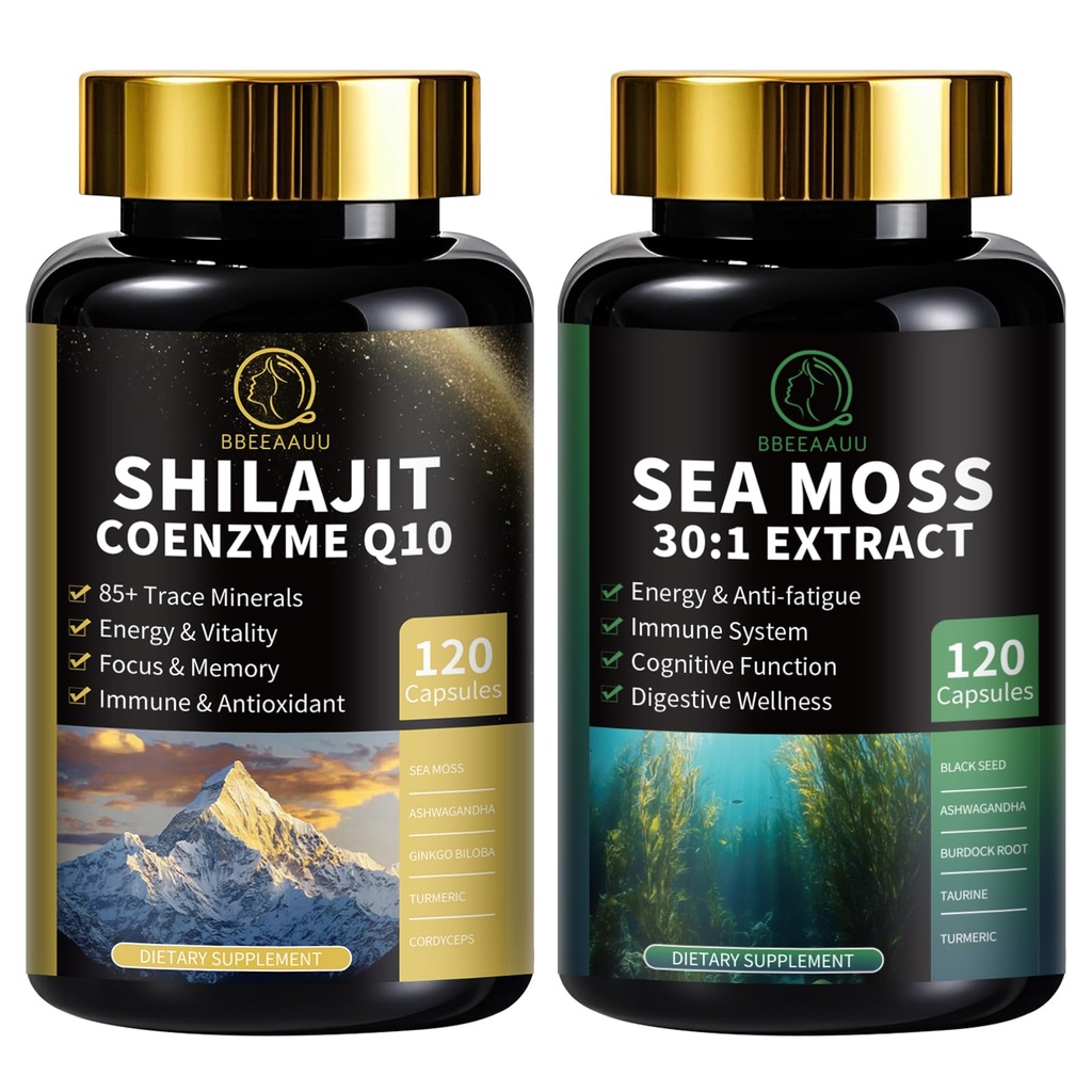 Shilajit for Men, Sea Moss and Shilajit Bundle, Wszystkie w 1 Suplementy z koenzym Q10, Black Seed, Ashwagandha, Tauryne, Burdock for Energy, Endurance, Przeciwutleniacz i Wsparcie immunologiczne, 240 Kapsułki