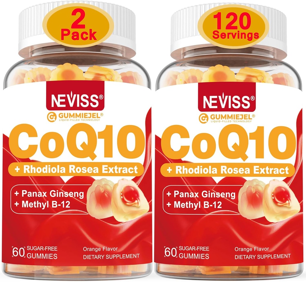 NEVISS Sugar Free CoQ10 Napełnione gumiaki z witaminą B12 1000mcg, Rhodiola Rosea i Panax Ginseng Extract, Witamina B6, Suplement Koenzym Q10, 2 opakowanie