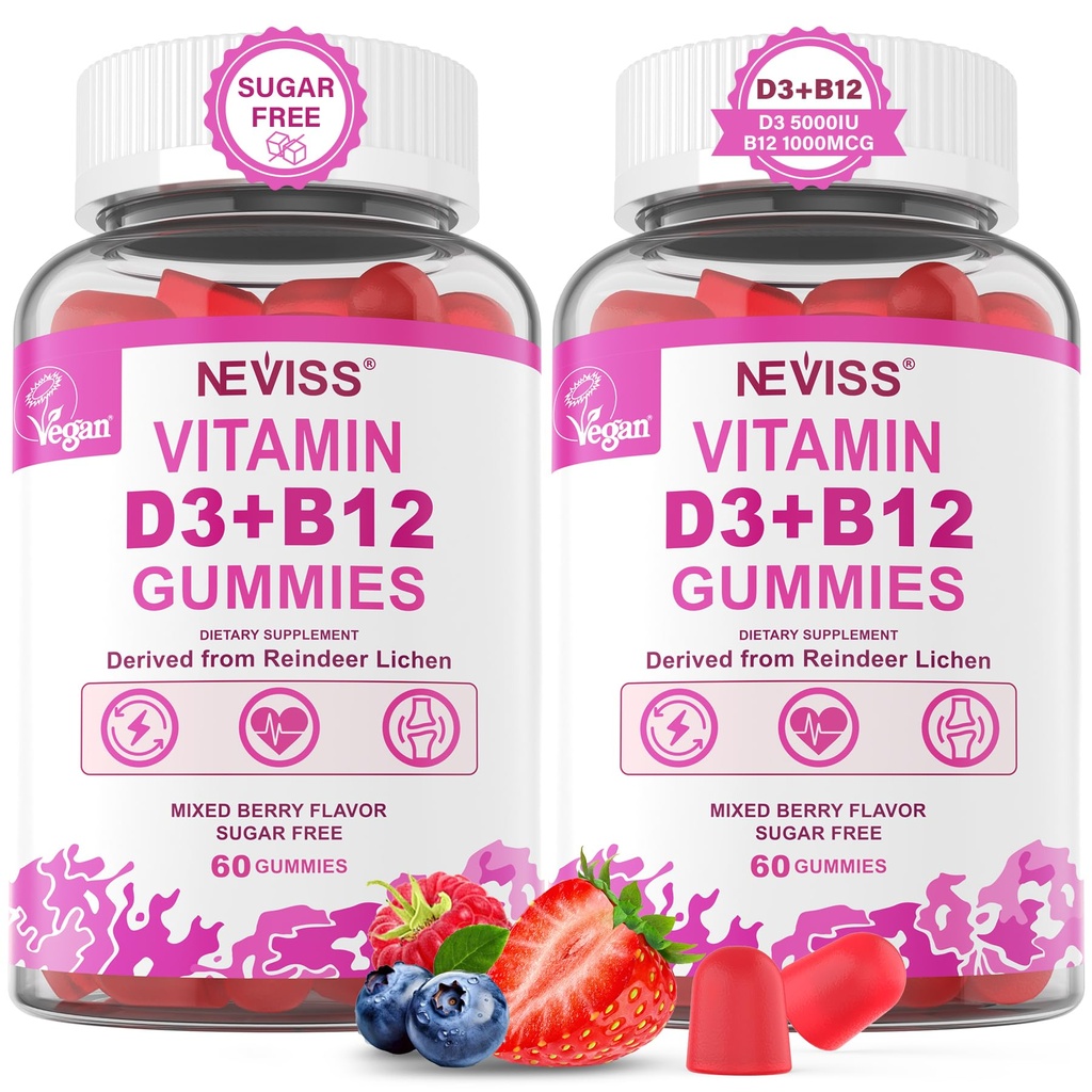 NEVISS 2Pack Wegan Witamina D3 + Witamina B12 Gumiaki, Wysoka moc D3 5000j. m. & 1000 µg Metylowane B12, Witamina D3 i B12 dla dorosłych, Wsparcie zdrowia kości, Immune & Energy Supplement, 120 Liczba