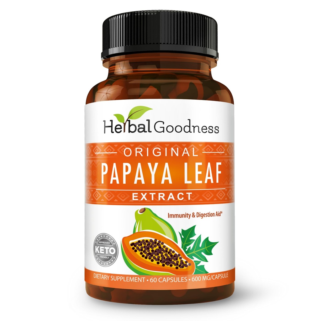 Papaya Leaf Extract Digestive Enzymes - 10X Siła 60 / 600mg Veg Capsules- Płytka krwi, Basic Marrow & Spleen Wsparcie, Immune Gut & Super Digestive Health - Made in USA by Herbal Goodness
