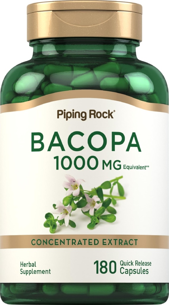 Piping Rock Bacopa Monnieri Supplement 1000mg Supplement 124; 180 kapsułki 124; Wyciąg ziołowy 124; Non- GMO & Gluten Free