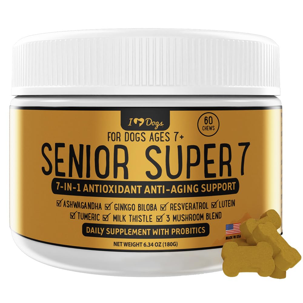 iHeartDogs Senior Super 7 Daily Dog Multivitamin - 7- in-1 Witamina dla psów Wspiera anty- Starzenie się z przeciwutleniaczami, Probiotyki, Lwie 's Mane, Turcja Ogon, & Ashwagandha dla długowieczności i Cognitive Boost