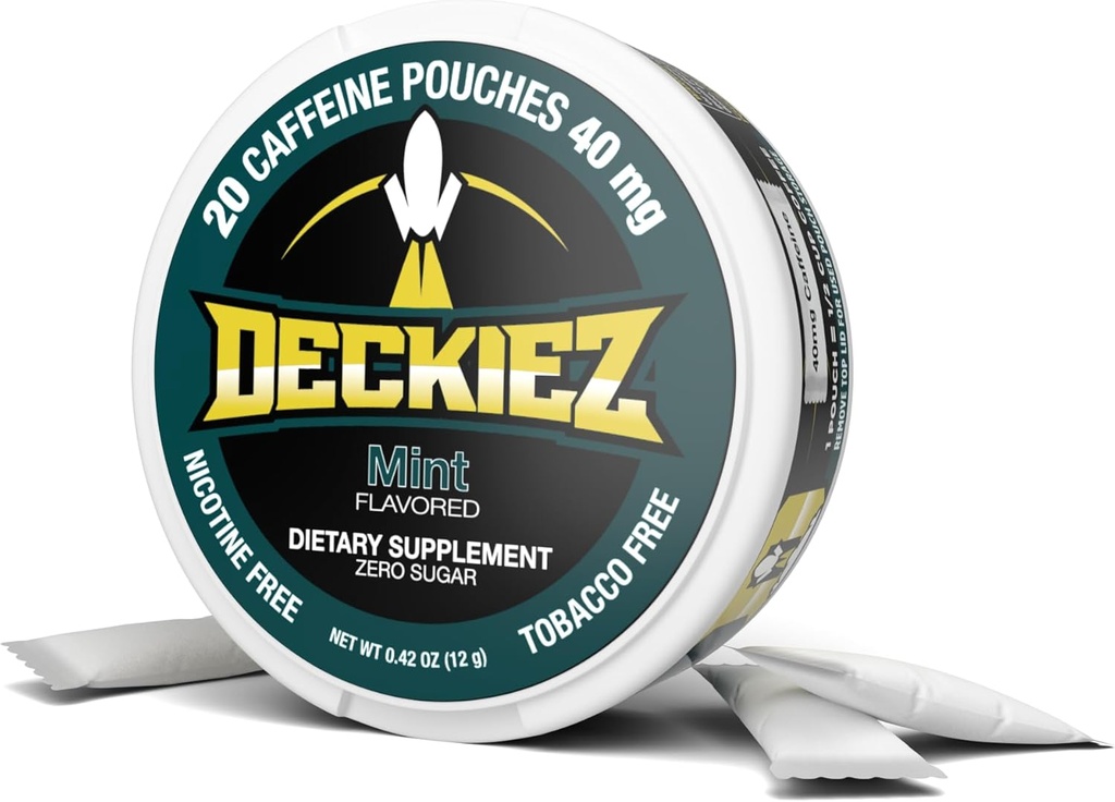 Deckiez Energy Pouches, 5 Puszek (100 Servings), Sugar Free Caepture Supplement, Coffee Pouches & Energy Drink Alternative, 50mg Caeple Pouches, Mint Flavor