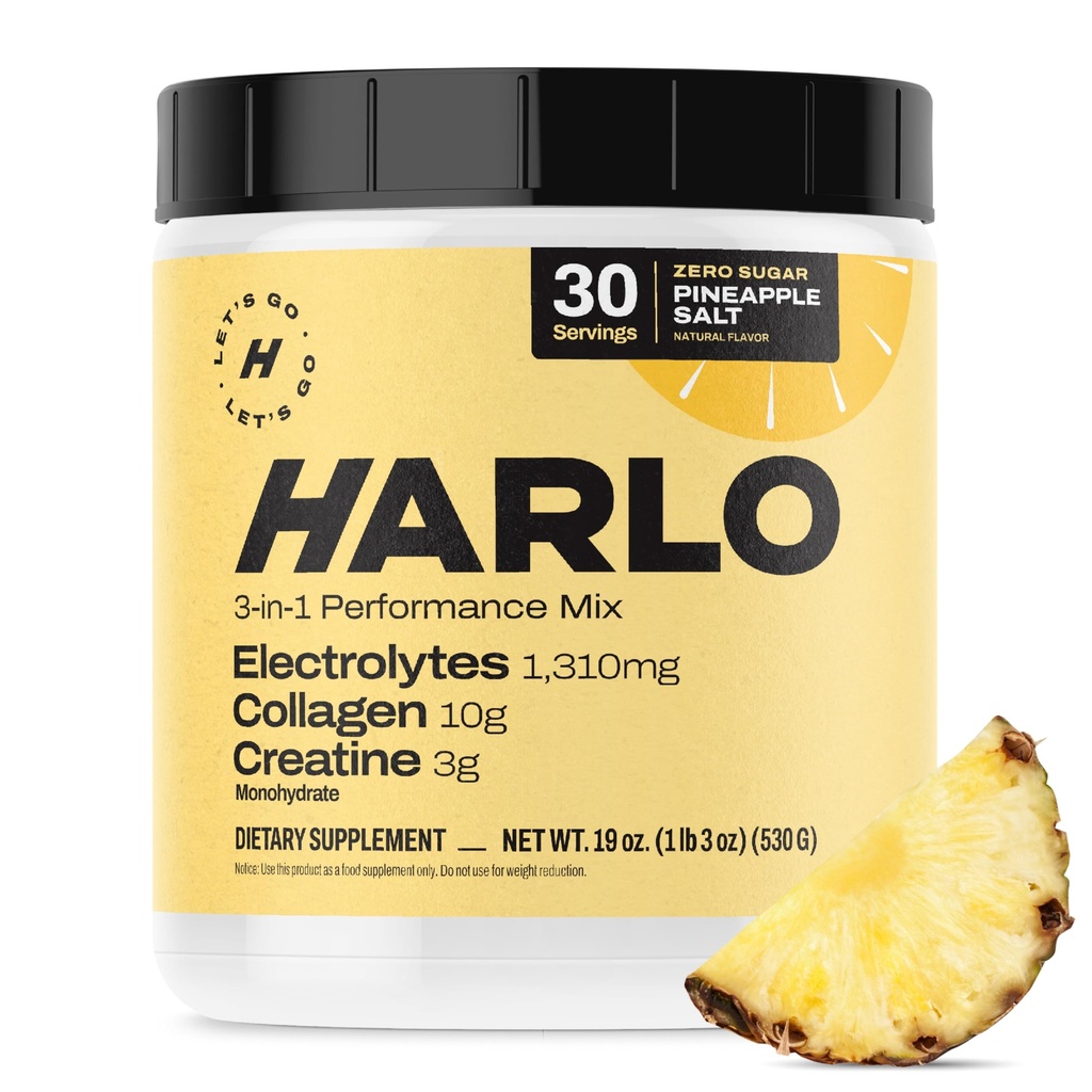 Harlo - Colagen & Creatine Electrolyte Drink Mix - Aromat soli ananasowej - Hydrating przed i post Workout Proszek - Wspiera Skóra, Łączniki i Odzyskiwanie Mięśnie - Bezcukrowy Energy Boost