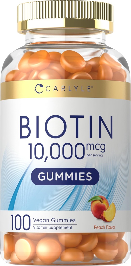 Carlyle Biotin 10000mcg Gummies XI124; 100 Count XI124; Peach Flavor Supplement XI124; Vegan, Non-GMO, Gluten Free