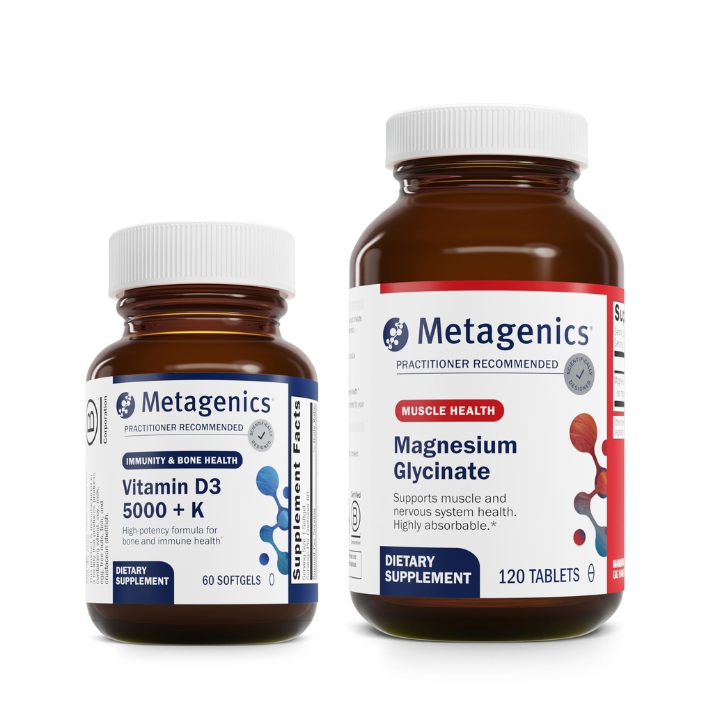 Metagenics Esential Wellness Duo: D3 5,000 + K - Immune Support, Bone and Heart Health - 60 Softgels & Wysoce Absorbowalny Glycinat magnezu dla mięśni i układu nerwowego Wsparcie - 120 Tabletki
