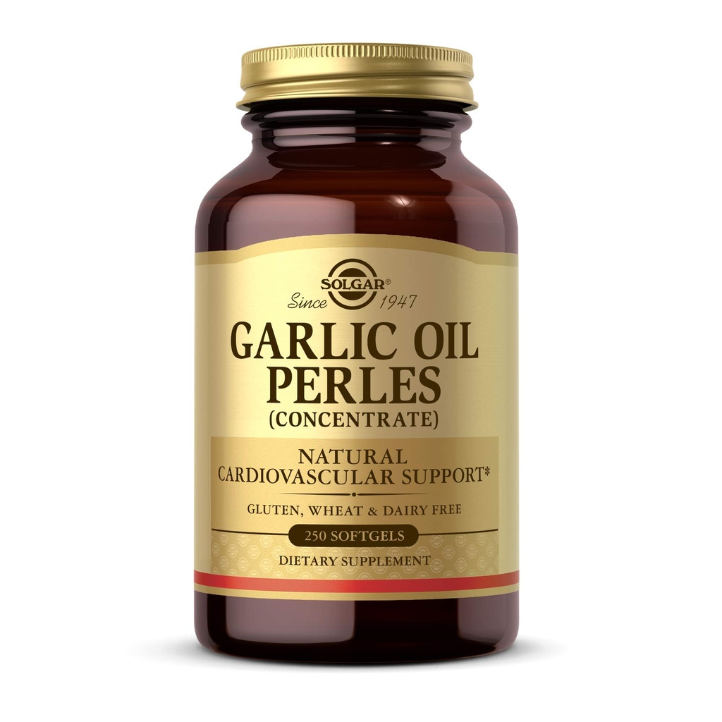 Solgar Garlic Oil Perles, 250 Softgels - Naturalne wsparcie sercowo-naczyniowe - Czosnek Olej Koncentrat, Zmniejszony zapach - Gluten Free, Dairy Free - 250 Sługi