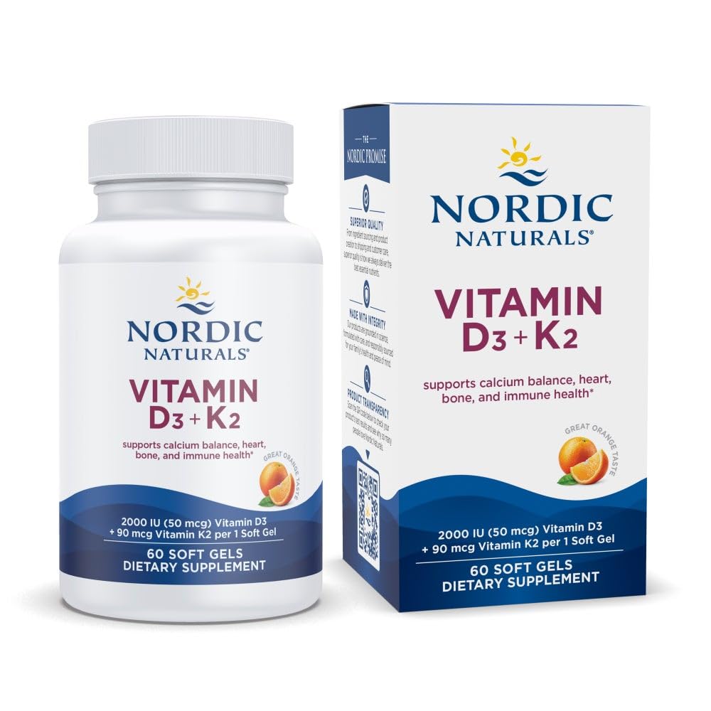Nordic Naturals Witamina D3 + K2, Pomarańczowy smak - 60 miękkich żeli - Synergistyczne wsparcie dla kości, Immune Function & Wapnia Balance - Non-GMO - 60 Służenie