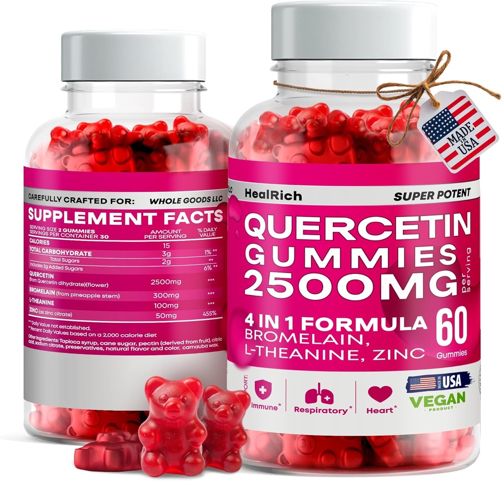 Quercetin Gummies - 2500MG z Bromelainem, L- Theanine & Cynk Vegan suplement immunologiczny dla dzieci i dorosłych - Ulga alergiczna i zdrowie płuc