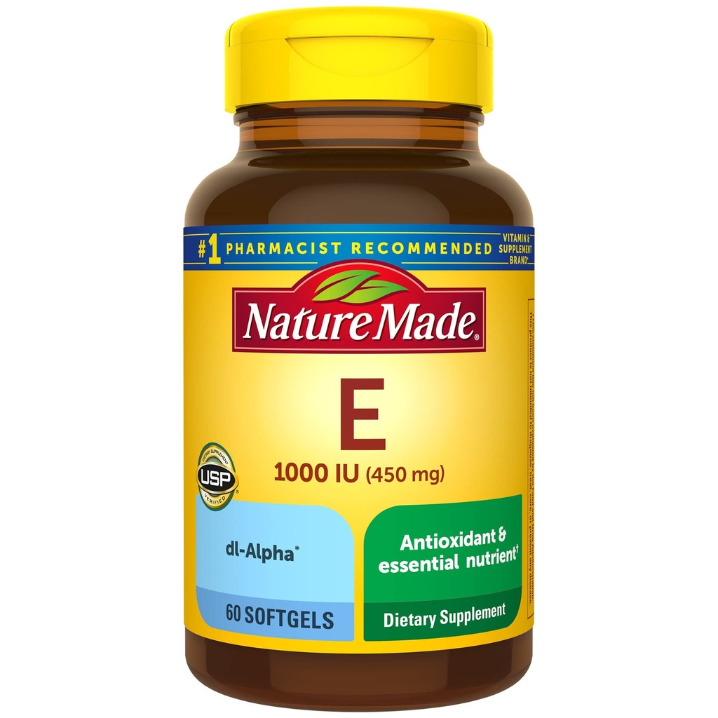 Nature Made Witamina E 450 mg (1000 j.m.) dl- Alpha Softgels, 60 Count for Antioksydant Support (Packaging May Vary)