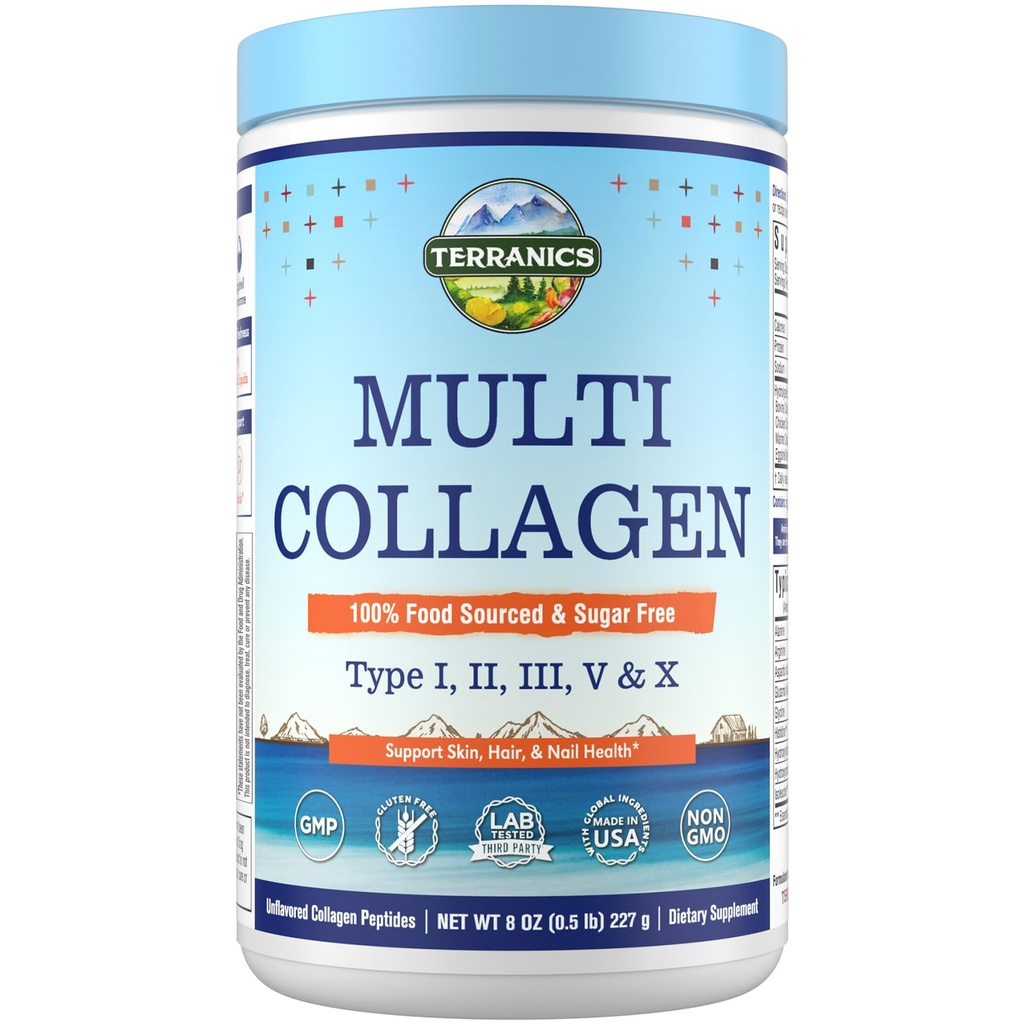 Terranics Multi Collagen Peptydes Powder, Typ I II III V X Kolagen dla kobiet i mężczyzn, Kolagen Suplementy dla skóry, paznokci, włosów, Łatwy do rozpuszczenia, Unflavored, Bez cukru, Keto, 8oz