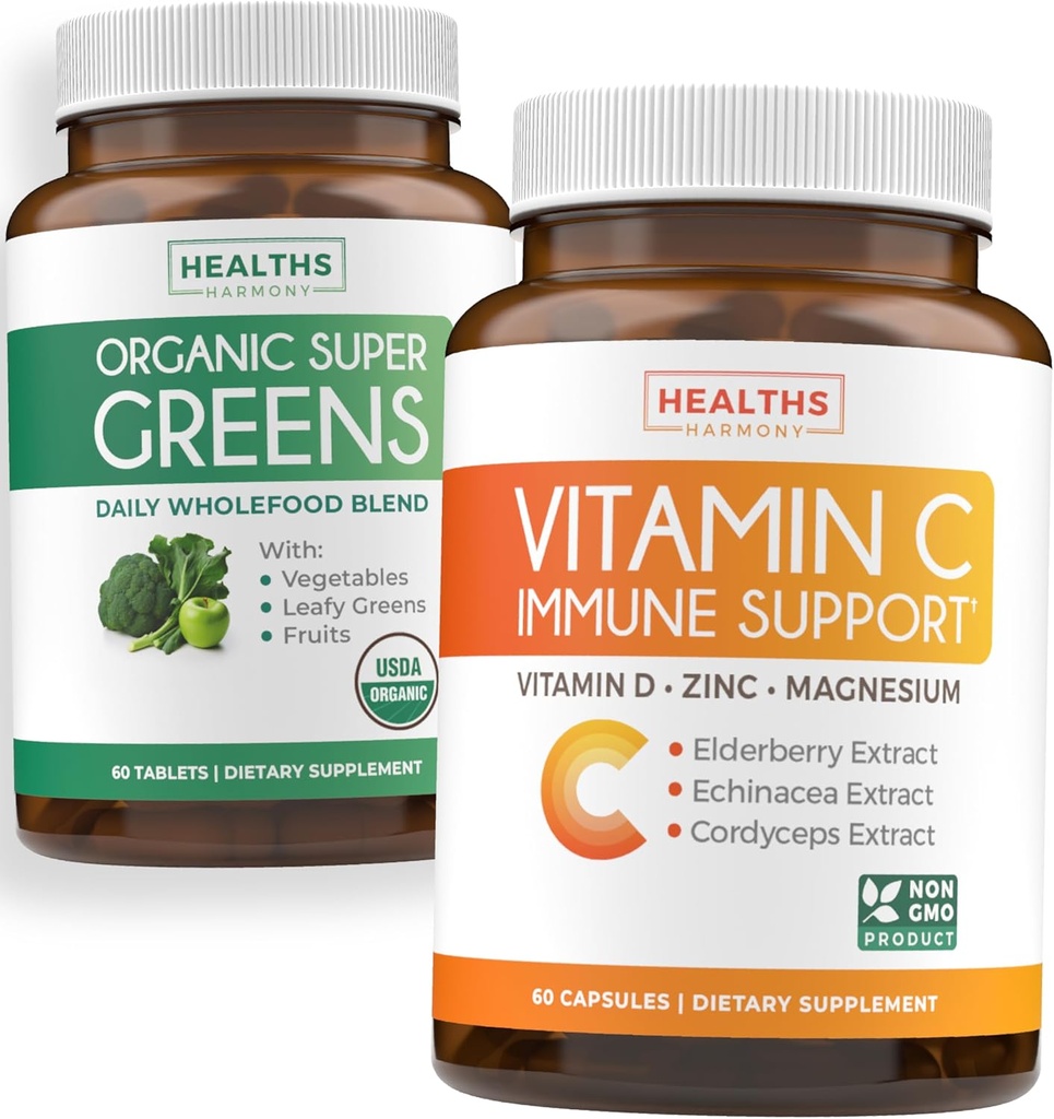 Super Zieloni & Witamina C (1- Miesiące dostaw) Zieloni & C Synergy Bundle of Organic Super Zielonych Proszek - Kompletne Superfood (60 Kapsułki) & & Witamina C Immune Support (60 Czapki wegetariańskie) (Non-GMO)
