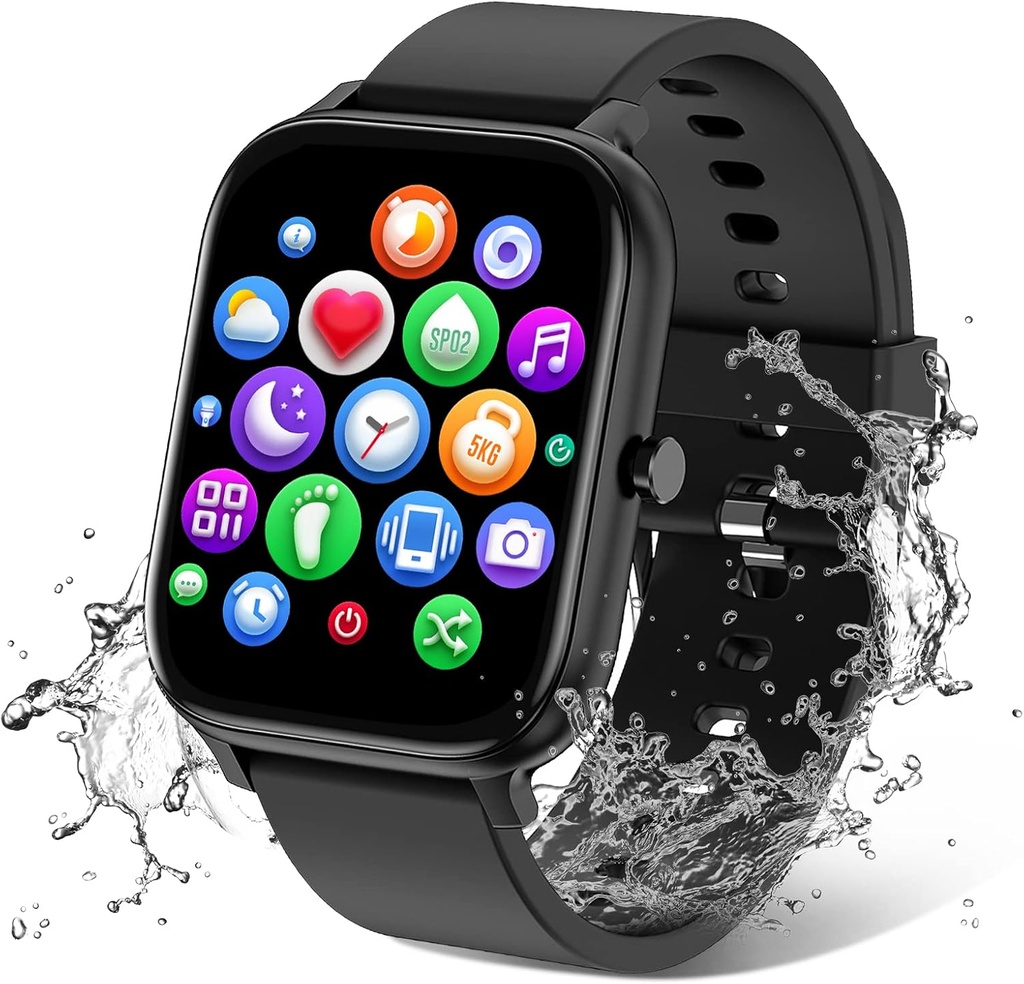 Smart Watch for Men Women Kompatybilny z iPhone Samsung Android Phone 1.83 cala Pełny ekran dotykowy IP68 Wodoodporny Bluetooh Fitness Tracker Heart Rate / Sleep Monitor, Czarny