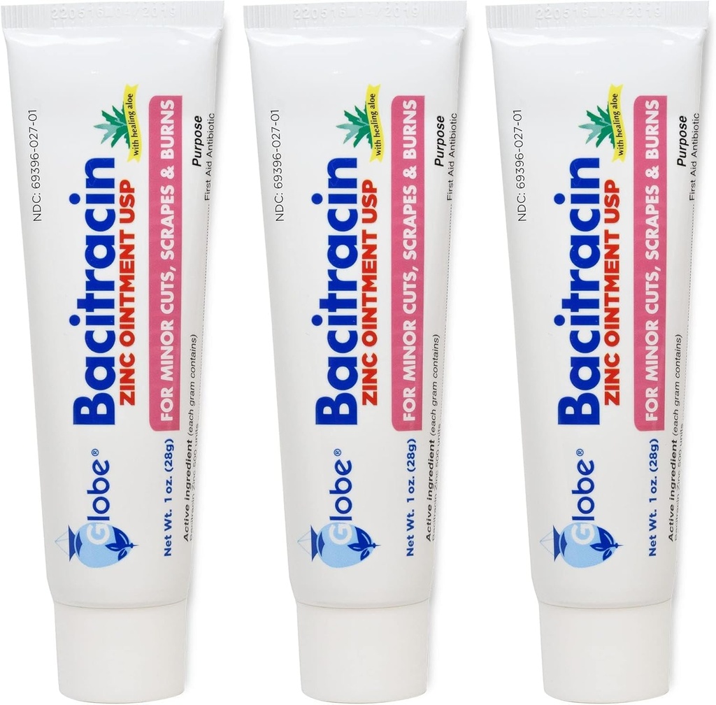 Globe (3 Pack) Bacitracin Cynk Maść + Aloe 1oz - Maksymalna moc Antybiotyki do gojenia ran - Tematyczne rozwiązanie medyczne dla cięcia, oparzeń, zgrai - Zakażenie skóry i Pierwsza pomoc Essentials