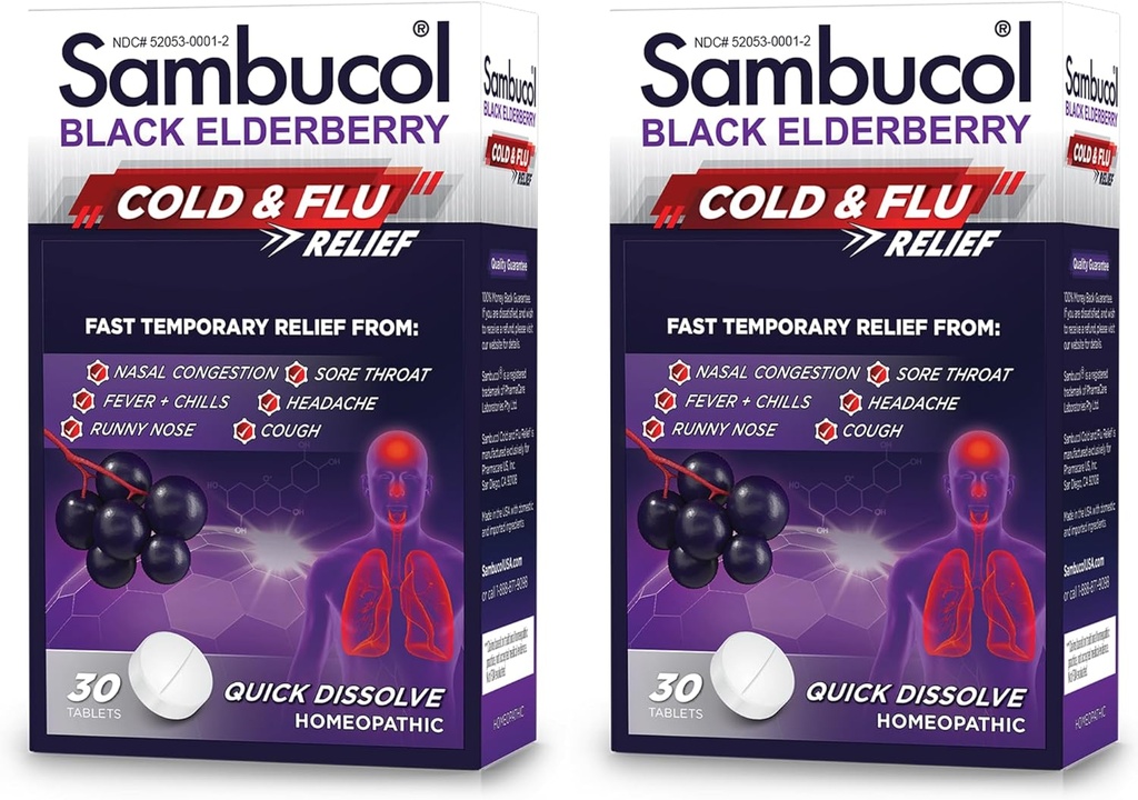 Sambucol Cold and Flu Relief Tablets - Homeopatic Cold Medicine, Nasal & Sinus Congestion Relief, Zastosowanie dla Nose Runny, Kaszel, Cold Remedy dla dorosłych - Black Elderberry, 30 Count, 2- Pack