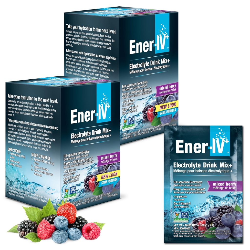 Ener- IV Electrolyte Drink Mix - Elektrolity w proszku Pakiety, Napoje w proszku, Nawodnienie płynne Mix, Nawodnienie niskocukrowe dla kobiet i mężczyzn - Mieszane jagody, 24 Liczenie