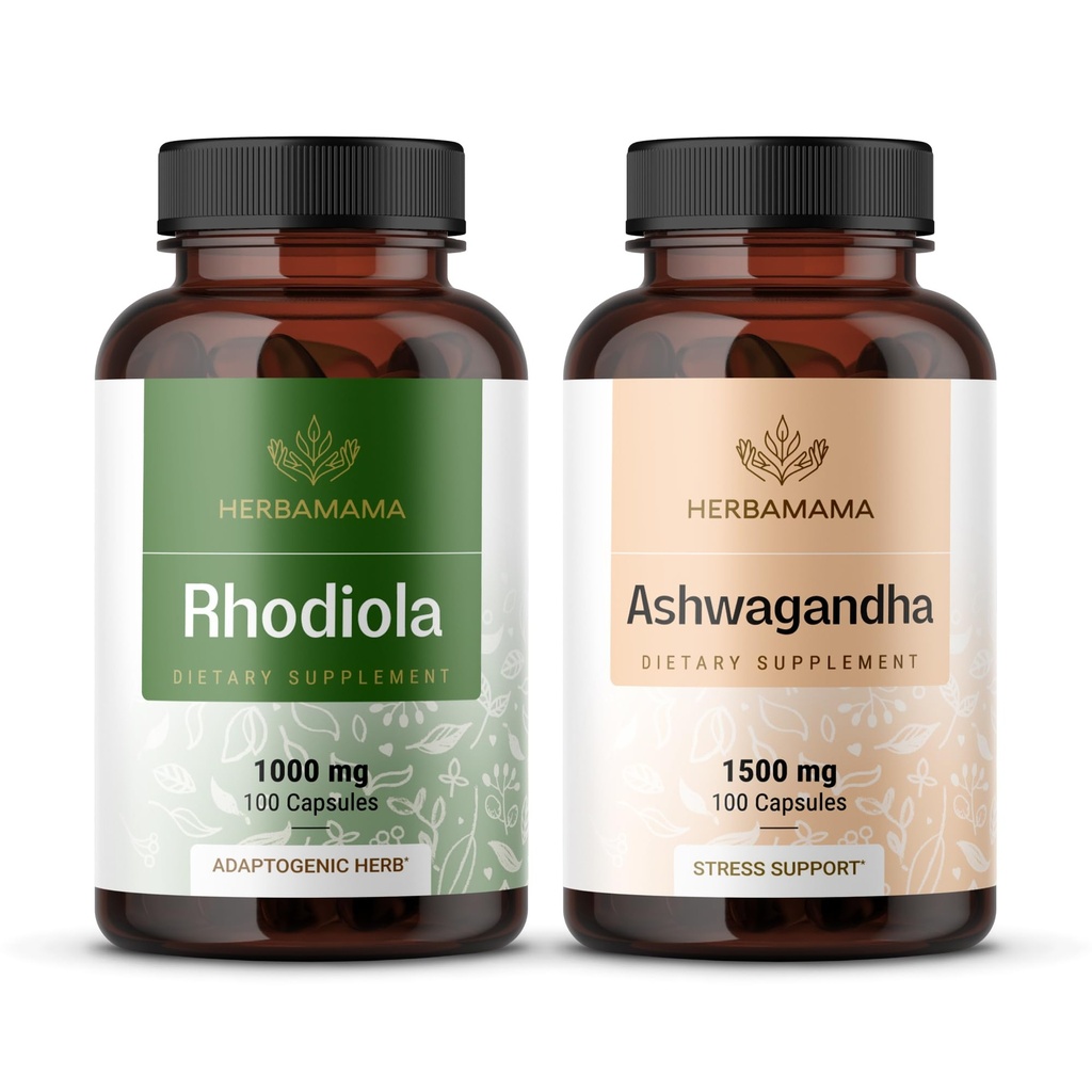 HERBAMAMA Rhodiola Rosea and Ashwagandha Kit - Bundle of 1000 mg Rhodiola Rosea Capsules & 1500 mg Ashwagandha Root Capsules - Vegan, Non-GMO, Żelatyna - 2 opakowania