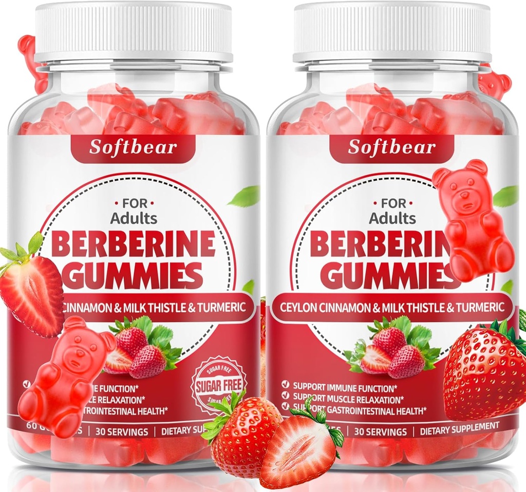 softbear Berberine z Ceylon Cynamon Gummies Organic Berberine HCL 1500mg for Metabolistic Imimmunological Health Sugar-Free Berberine Supplements Strawberry Flavored 120 Count
