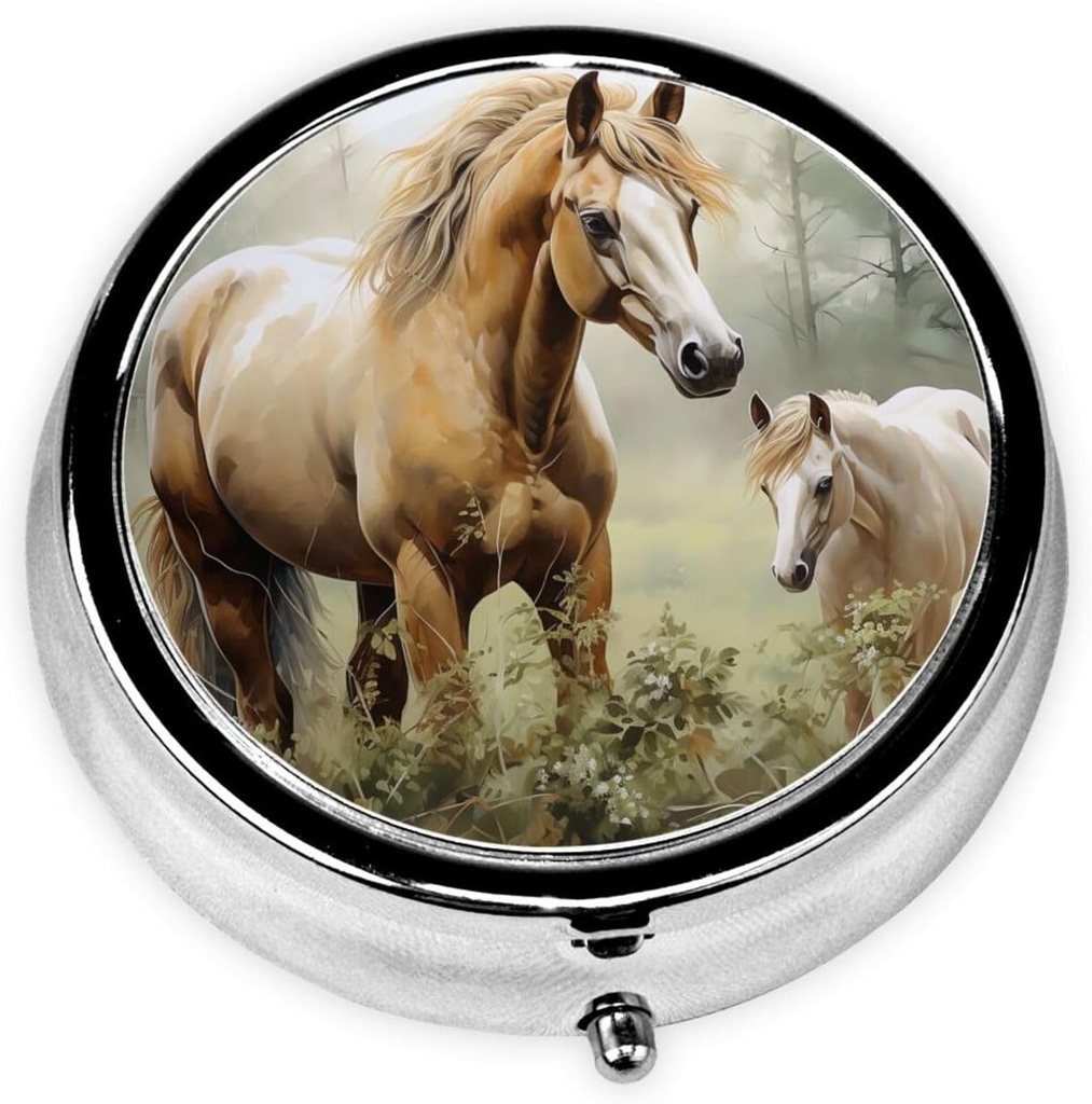 Pill Case with Mirror Retro 3 Compartment Pill Box Animals Embroidery Paintings Horses Small Pill Organizer for Purse or Pocket Decorative Metal Medicine Vitamin Organizer Unique Gifts