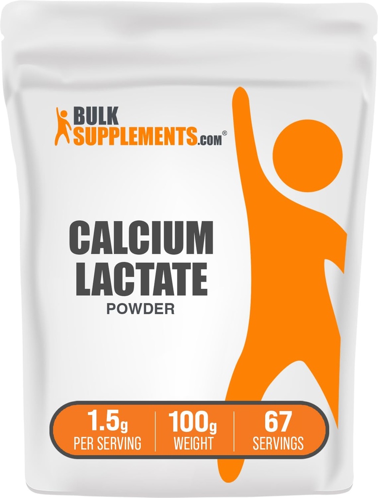 BulkSupplements.com Proszek z mleczanami wapniowymi - Proszek z dodatkiem wapnia, Food Grade - Pure & Gluten Free, 1,5 g na jedną porcję, 100 g (3,5 oz) (opakowanie po 1)