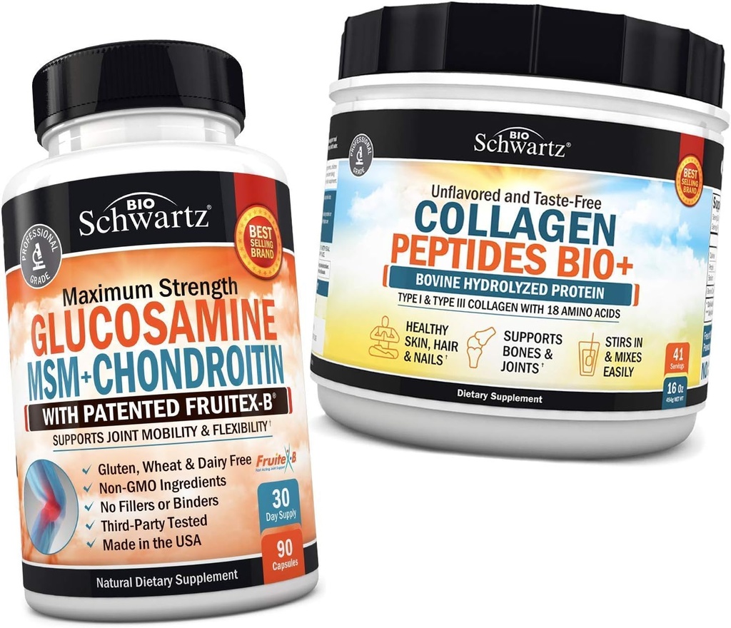 BioSchwartz Glucosamine Chondroitin MSM + Collagen Peptides Powder - Healthy Bone & Joint Support - Promotes Flexibility & Supports Cartilage