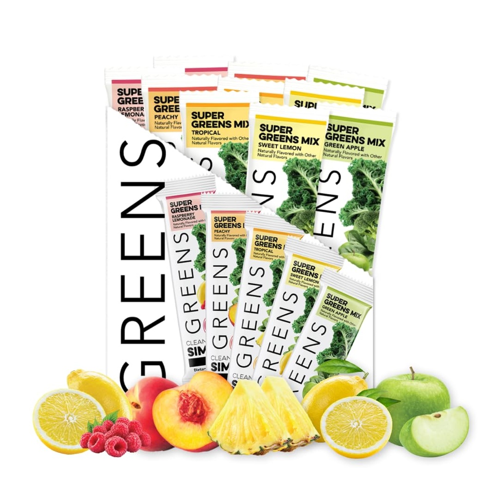 Clean Simple Eats Greens Variety 10 Pack, Zielony proszek Mix, Pakowane z Superfoods Chlorella & Spirulina, Zawiera 5 pyszne smaki: Peachy, Zielone jabłko, Lemoniada malinowa, Słodka cytryna i Tropikalne