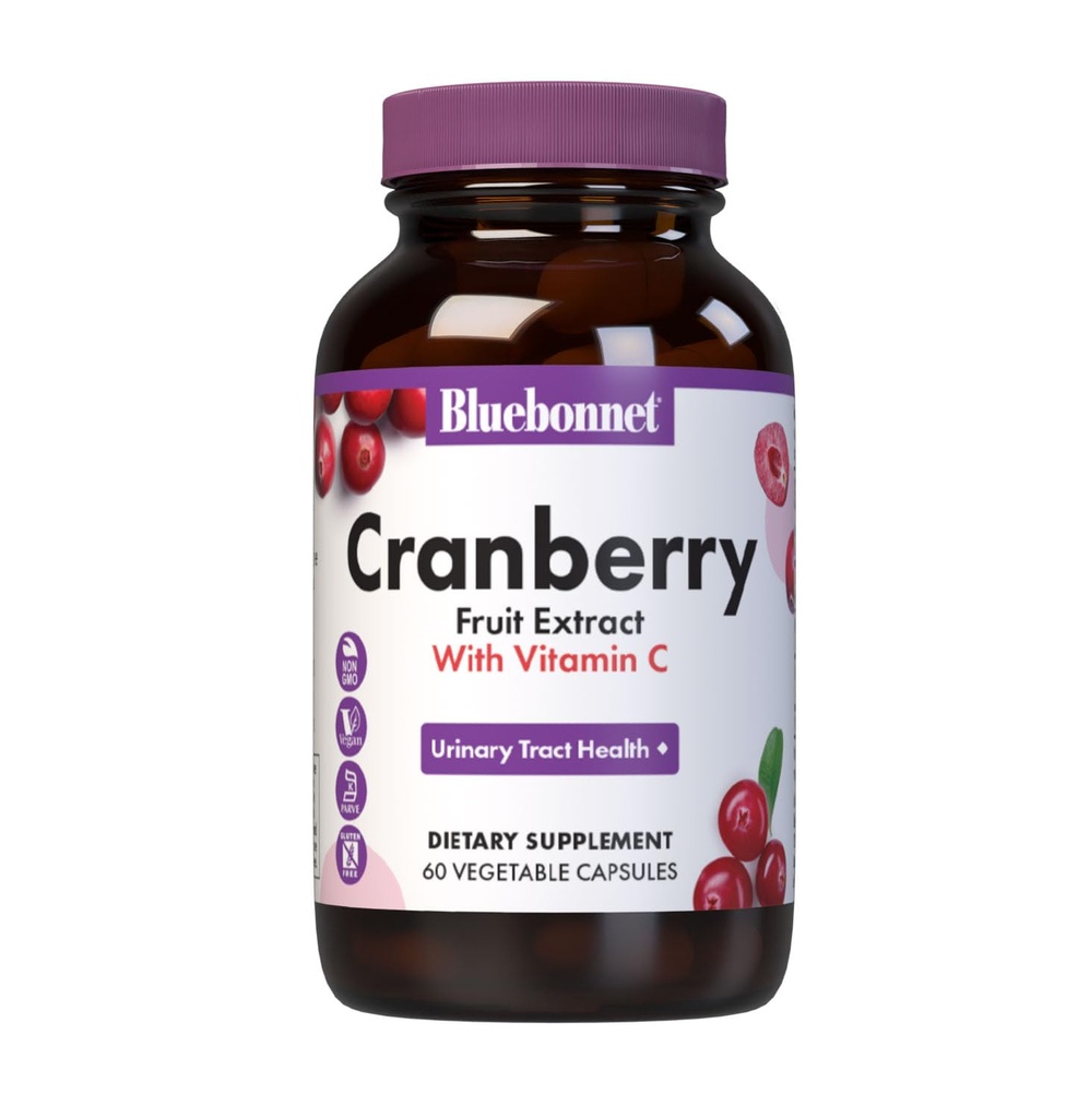 Bluebonnet Nutrition Cranberry Fruit Extract, Urynary Tract Support *, Non-GMO, Kosher- Certified, Vegan, Gluten- Free, Soy- Free, Dairy- Free, 60 Kapsułki roślinne, 60 Słupki