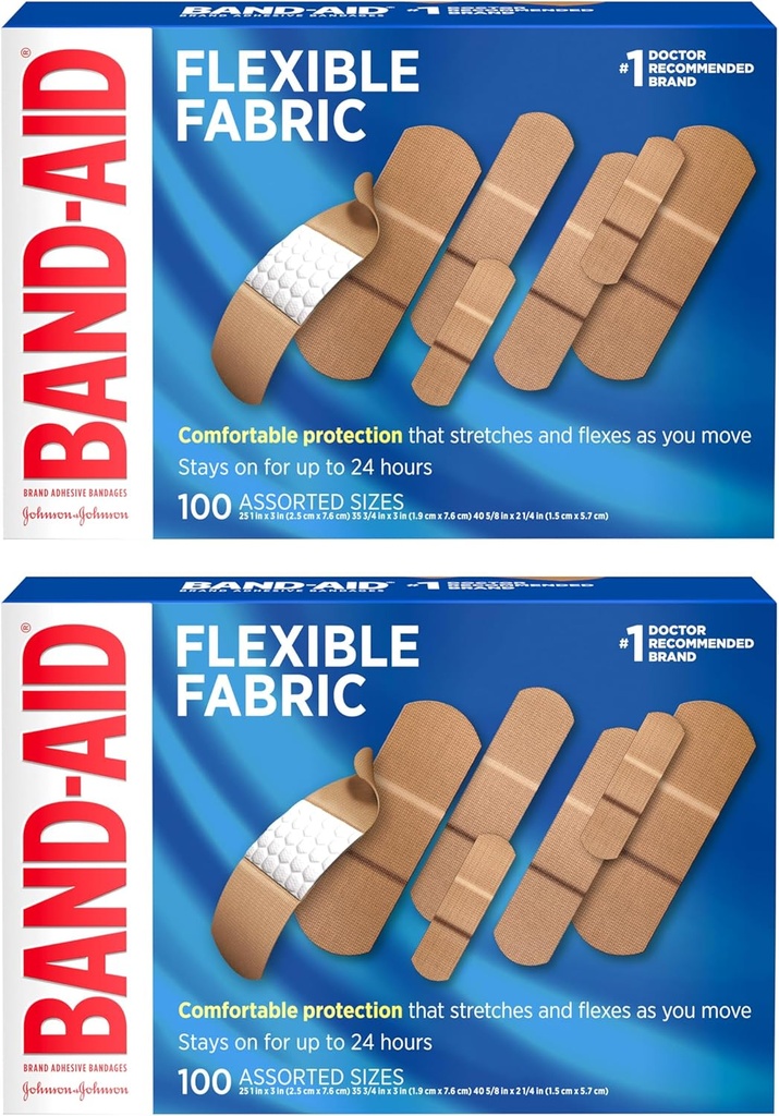 BAND- Aid Brand Elastyczne opatrunki adhezyjne tkaniny z memory- Weave tkaniny, Quilt- Pomoc Comfort Pad & Hurt- Free Pad; Opieka nad ranami dla drobnych cięć, Scrapes, & Ranki, Rozdrobnione rozmiary, 2 x 100